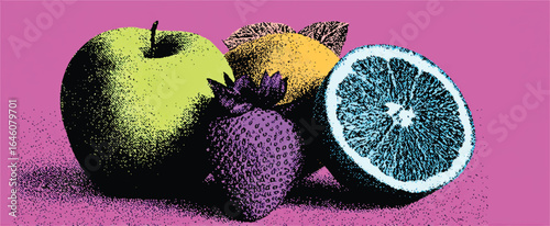 Colorful Halftone Fruit Arrangement on Pink Background Apple Lemon Strawberry and Orange Still Life for Healthy Eating Concepts and Fresh Produce Promotion