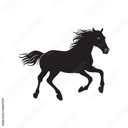 Running horse silhouette, Running horse vector illustration, Silhouette of a horse running black vector art illustration, Solid black vector silhouette of a horse in motion.