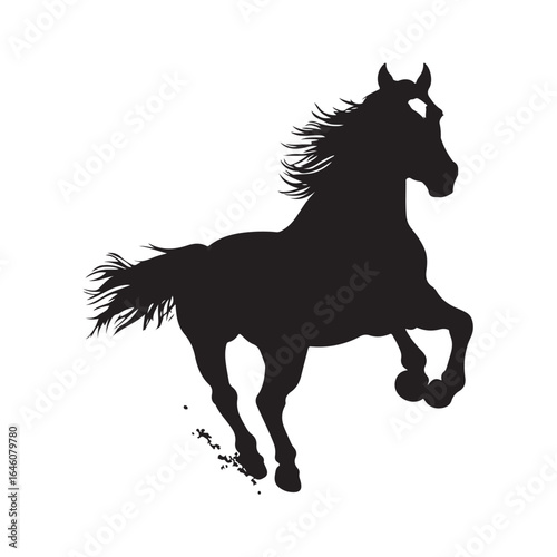 Running horse silhouette, Running horse vector illustration, Silhouette of a horse running black vector art illustration, Solid black vector silhouette of a horse in motion.
