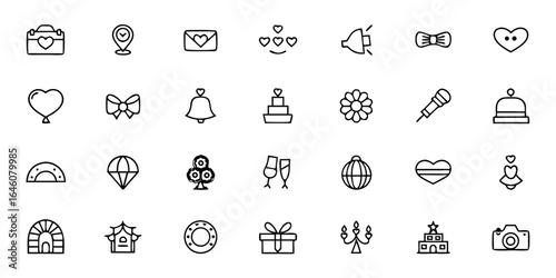Modern Wedding & Reception Line Art Vector Icons — Invitations, Dining, Music, Dance, Photography & Celebration Symbols for Event Planners and Wedding Branding

