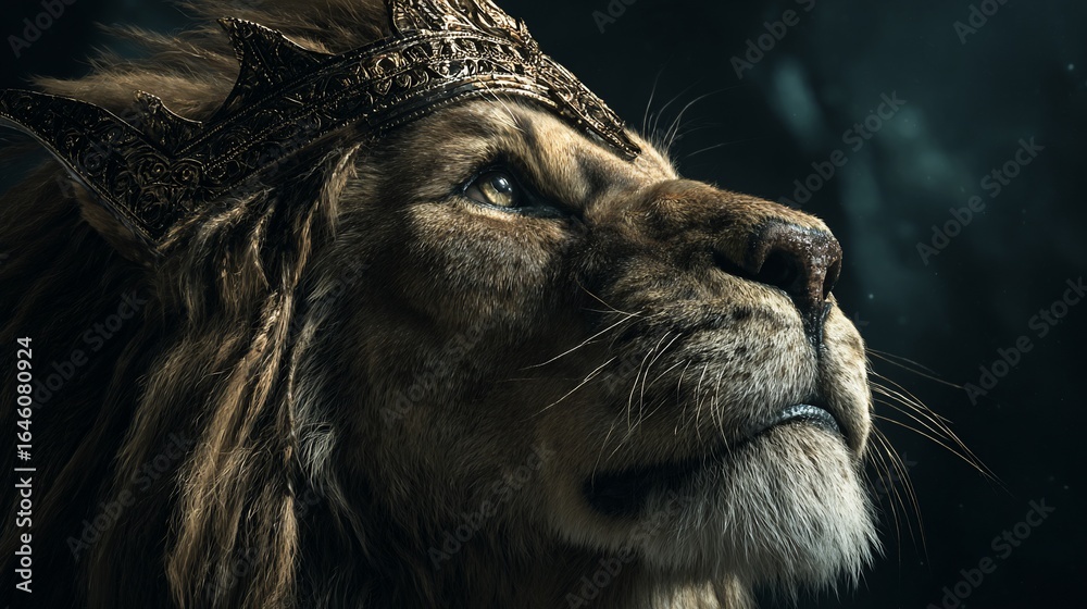 Naklejka premium Regal lion wearing crown gazing upwards with dark misty background, ideal for fantasy
