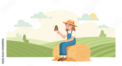 A charming illustration of a young farmer girl with butterfly on hay bale in field
