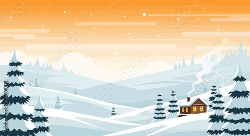 A charming winter scene featuring a cozy cabin nestled amidst snow covered hills landscape