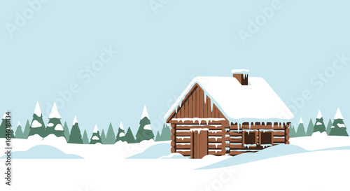 A charming winter scene featuring a snow-covered log cabin nestled amidst serene evergreen trees