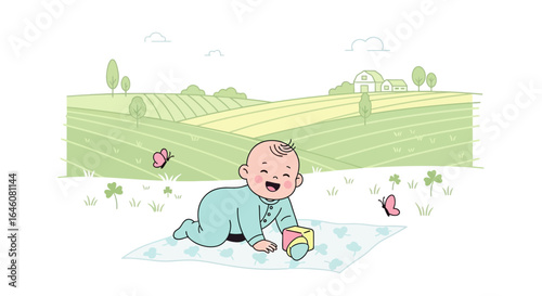 A cheerful baby crawls on a blanket outdoors in a field, playing with a toy block and watched by butterflies, with a rural background