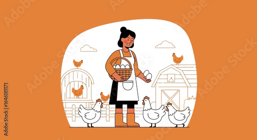 A cheerful farmer woman is collecting eggs in a countryside setting illustration