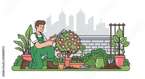 A cheerful gardener tending to urban garden with flowers and plants landscape illustration shows dedication and care for nature in a city setting