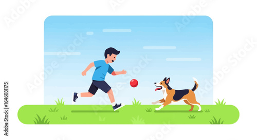 A cheerful illustration of a boy and his dog playing with a ball outdoors on the grass having fun