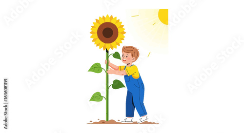 A cheerful young boy with red hair proudly embraces a tall vibrant sunflower under a sunny sky representing childhood innocence