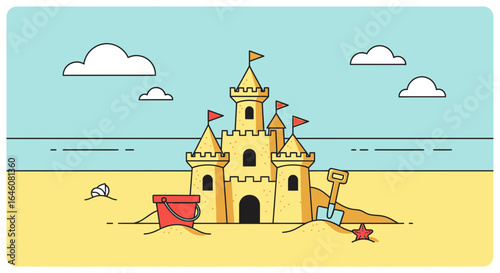 A delightful cartoon illustration of a sandcastle on the beach, perfect for summer themed designs and backgrounds