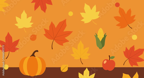 Autumnal Harvest Festival Flat Design with Pumpkin Leaves Corn and Apples Season themed illustration and background graphic