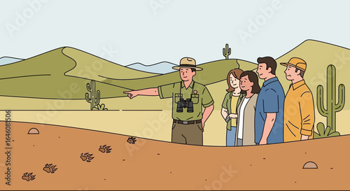 A group of tourists in the desert receive guidance from a national park ranger