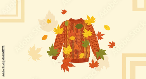 Autumnal illustration featuring a cozy sweater adorned with vibrant falling leaves