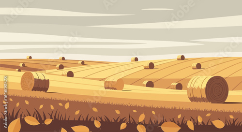 Autumnal Hay Bale Landscape with Rolling Hills and Cloudy Sky Illustration