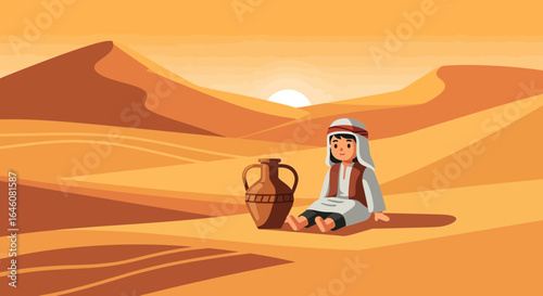 A lonely desert wanderer: Illustration of a boy in traditional clothing rests near an earthen vessel in a vast desert landscape