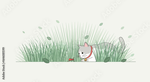 Cat and ant cartoon illustration with minimalist design and pastel tones creates serene and playful atmosphere