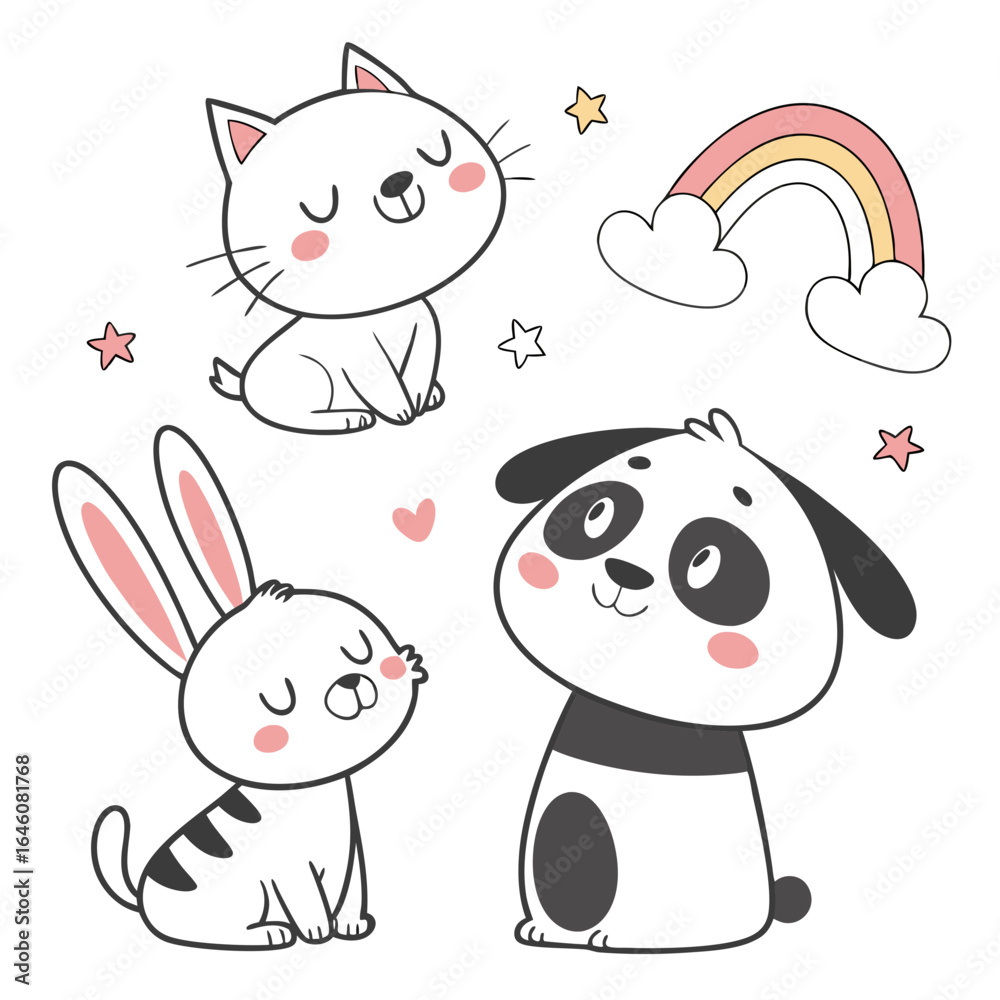 Fototapeta premium Charming collection of adorable cartoon animal illustrations, featuring a cute cat, peaceful panda, sweet bunny, and friendly dog, ideal for playful themes.