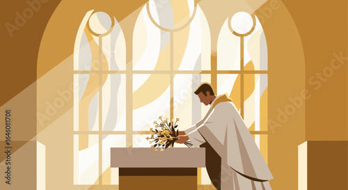 A priest arranges flowers on an altar in a sunlit church adding serenity and reverence to the scene creating a spiritual ambiance