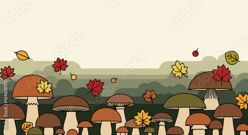 Autumnal Mushroom Patch Illustration with Colorful Leaves and Soft Background Tones