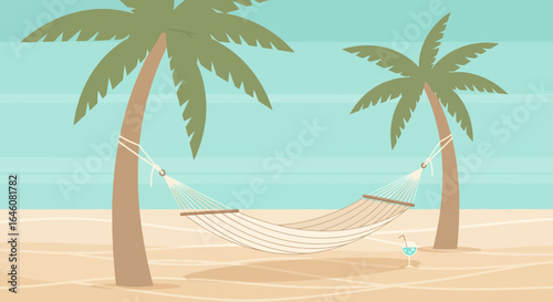 A serene cartoon beach scene with a hammock strung between two palm trees creating a relaxing tropical illustration