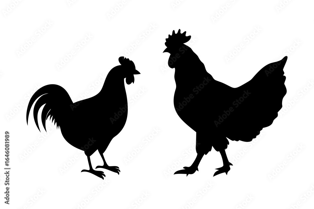 Fototapeta premium Silhouette of chicken and rooster animal, black contour farm hen. Household bird farm. Vector 
