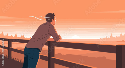 A serene illustration of a man contemplating the landscape during a warm sunset atmosphere