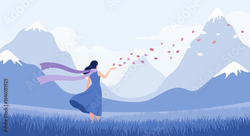 A serene illustration of a woman releasing petals in a mountainous landscape creating a sense of freedom and connection with nature