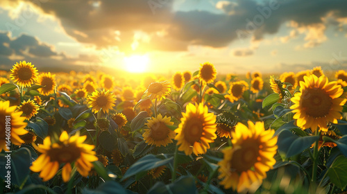 A field of sunflowers turning towards the sun