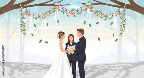 A serene outdoor wedding ceremony with floral decorations and a calm atmosphere between the couples in a nature landscape