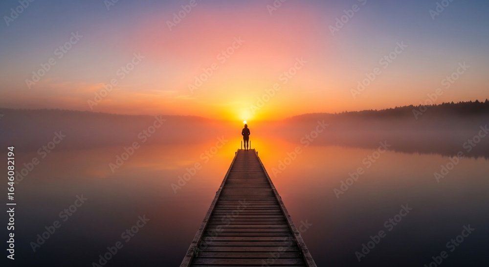 Obraz premium Solitude at Dawn: A Lone Figure on a Pier Over a Misty, Vibrant Lake