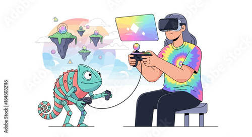 Chameleon playing vr game with human in virtual reality colorful futuristic world