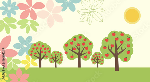 Charming apple orchard vector illustration with a sun and floral elements on a bright and cheerful spring day