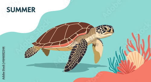 Beautiful illustration of a sea turtle swimming in the ocean during the summer season