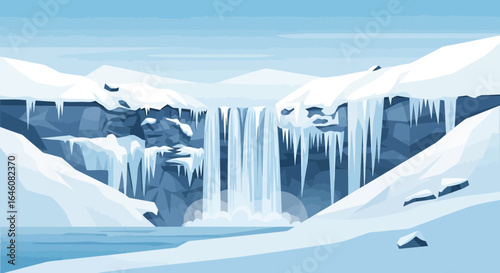 A serene winter landscape illustration featuring a frozen waterfall and snow-covered mountains is a tranquil visual experience