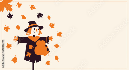 Charming autumn scarecrow illustration with falling leaves and copyspace, perfect for seasonal projects and harvest themes