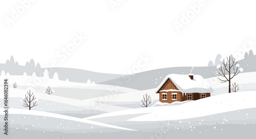 A serene winter landscape illustration with a cozy snow covered cabin in a quiet snowy field