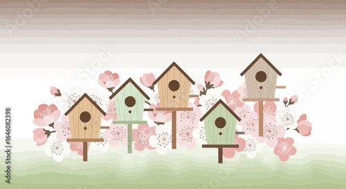 Birdhouses surrounded by cherry blossoms in a charming springtime illustration featuring various colors