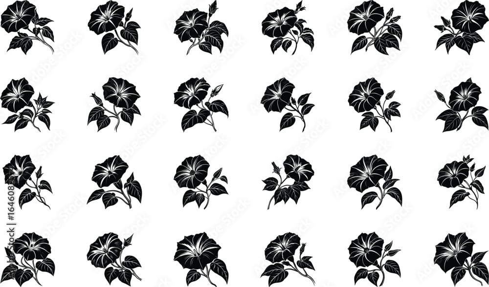 Fototapeta premium Black Silhouette Floral Vector Icons Set – Decorative Botanical Flowers and Plants for Graphic Design, Patterns, and Digital Art