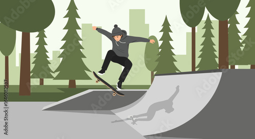 A skateboarder performing a trick on a ramp in a skatepark amidst a natural backdrop of trees and a cityscape in the distance