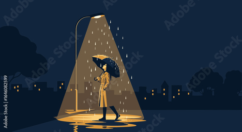 A solitary figure walking in the rain under a streetlamp in a stylized nighttime city scene