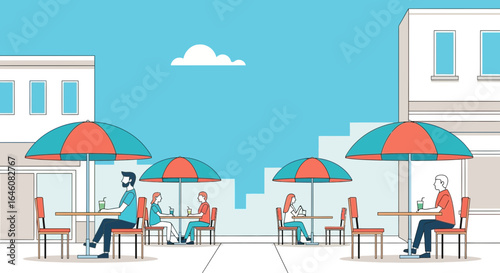 A vibrant cafe scene with people enjoying outdoor dining on a sunny day in the city