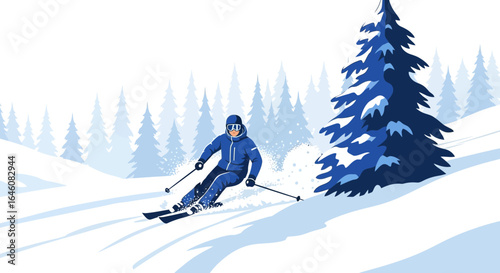 A vibrant vector illustration of a skier gracefully descending a snowy slope through a forest