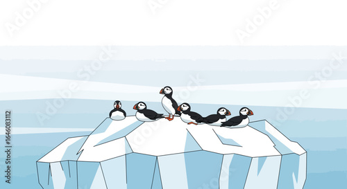 Charming Cartoon Puffins Resting Peacefully on a Glacier in Icy Waters