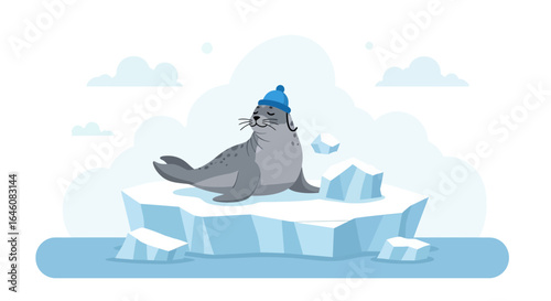 Charming cartoon seal wearing a hat resting on an ice floe in a minimalist arctic scene
