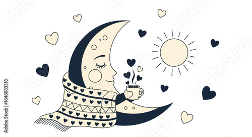 Charming crescent moon character enveloped in cozy blanket sipping warm beverage