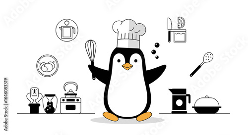 Charming culinary penguin chef cartoon illustration with kitchen tools and appliances