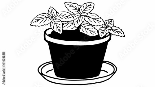 Potted mint plant on a saucer, black and white outline illustration, simplicity