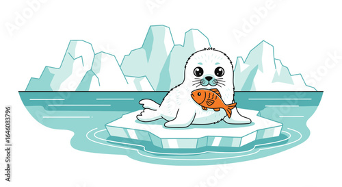 Charming illustration of a baby seal with a fish on an iceberg in a cold polar landscape