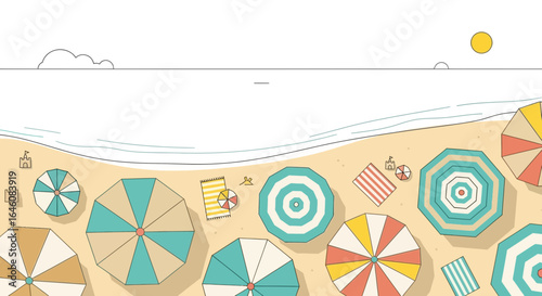 Aerial view of a sunny beach with colorful umbrellas towels and sandcastles creating a relaxing summer scene