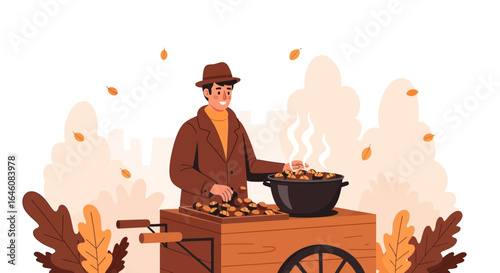 Captivating scene of a chestnut vendor offering delightful warm roasted chestnuts amidst autumn leaves a seasonal outdoor street food experience